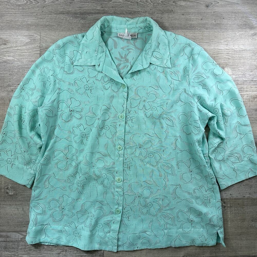 Sag Harbor Teal Floral Woven Button-Up Collared 3/4 Sleeve Blouse XL
